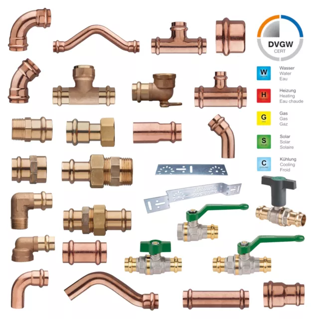 Kupfer Kombi Press Fitting DVGW V-Kontur CU-Press Bogen T-Stück Schiebe-Muffe