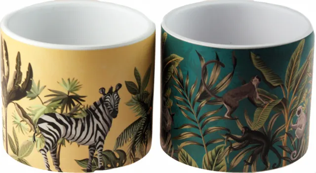 Ceramic Safari Animal Plant Pots - Cream Zebra / Teal Blue Monkey (Set of 2)