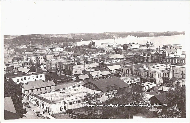 RPPC Traverse City Michigan Aerial Town View from New Park Place Hotel 1950s