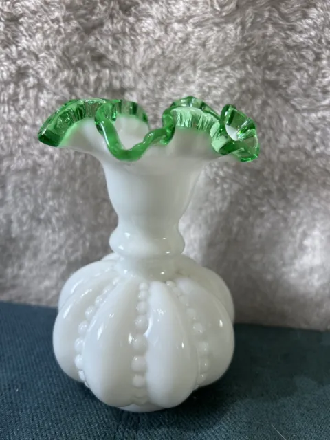 Vintage  Fenton Milk Glass Emerald Crest Beaded Melon Vase 6" Tall