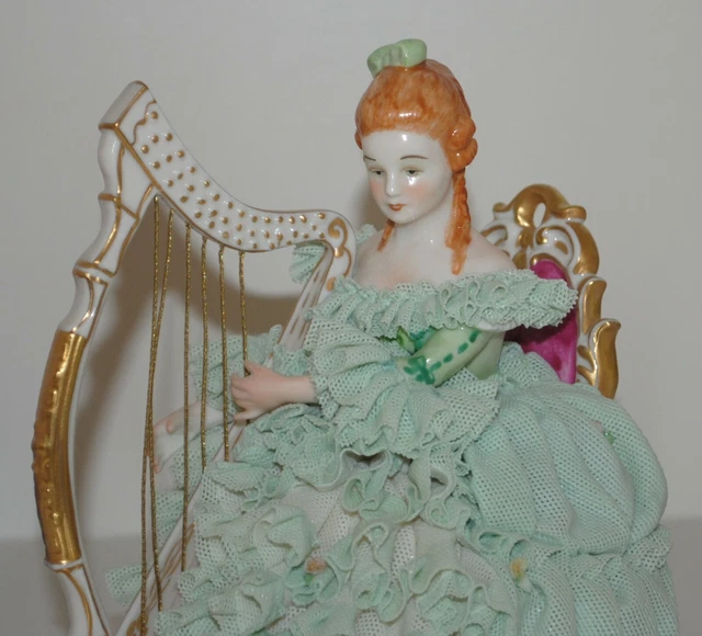 Large Muller Volkstedt Irish Dresden Figurine Porcelain Lace Lady Playing Harp