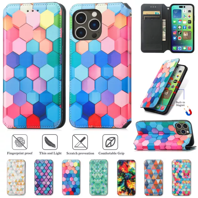 For iPhone 15 14 Plus 13 12 Pro Max Pattern Luxury PU Leather Wallet Case Cover