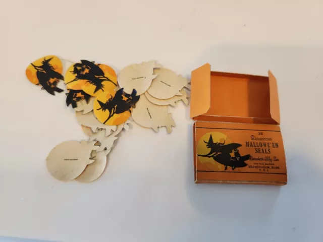 Antique Vintage Dennison’s HALLOWEEN Box Of 25 Witch On Broom Seals NOS!