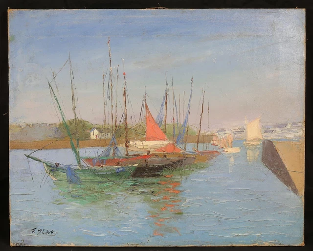 Marine Ancienne Huile sur toile signature Voilier bateau  Voile rouge au port