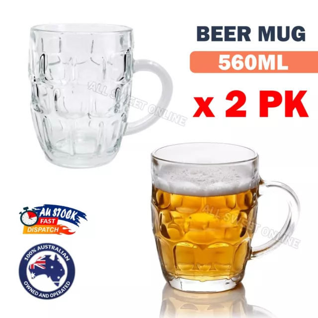 2 x Beer Mug 560ml Jug Glass With Handle Dimple Print Party Bar Glasses Drink AU