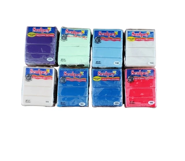 Lote de 8 arcilla para hornear horno Sculpey 2 oz Ea púrpura azul verde rojo perla translúcida