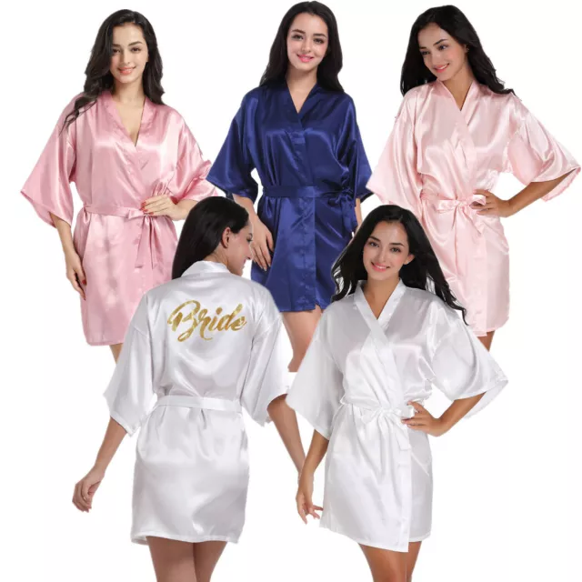 UK Satin Robe Wedding Bride Bridesmaid Kimono Dressing Gown Sleepwear Bathrobe