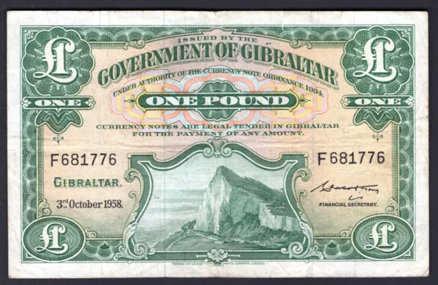 Gibraltar, Government Issue, £1, 3-10-1958, F681776 (WPM 15c). GF.