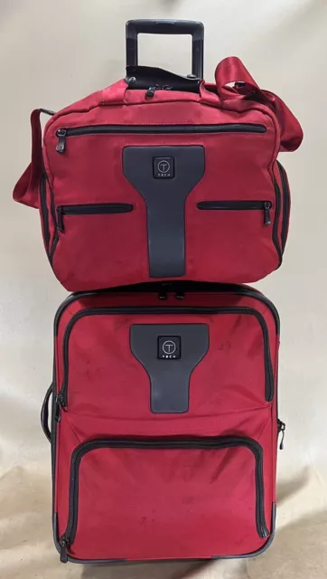 Used TUMI T-TECH Carry On Red Set 20” Expandable Suitcase 5720R & 15” Tote 5754R