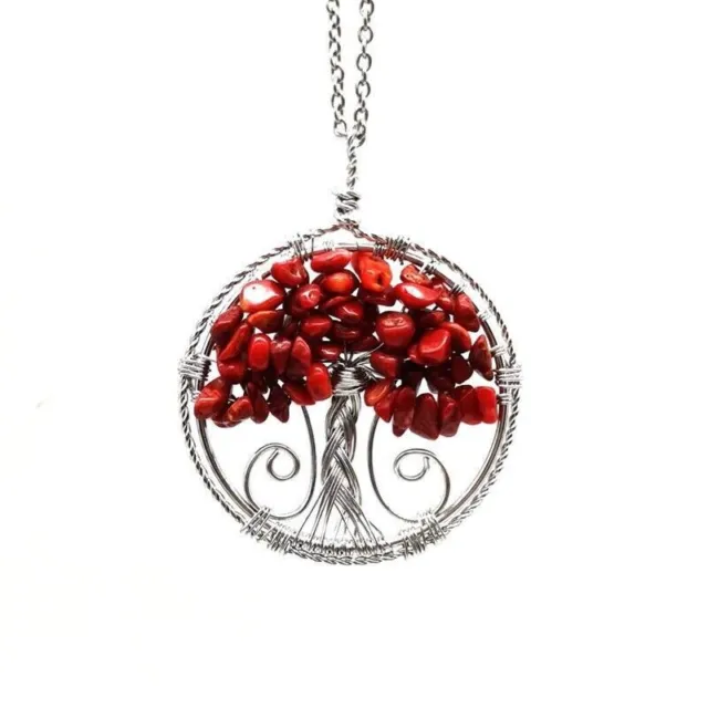 5PCS Tree of Life Red Coral Wire Wrap Natural Gemstone Pendant Necklace Jewelry