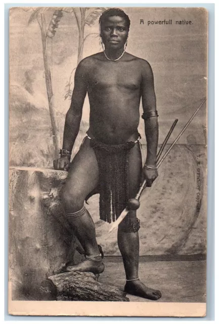 c1905 Powerfull Native Zulu South Africa Tribe Spear Portrait Weapon Postcard