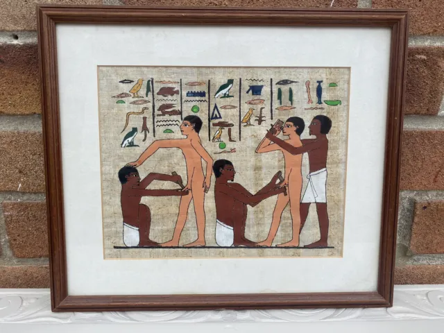 Vintage Egyptian Papyrus Painting Hand Painted Hieroglyphics Framed