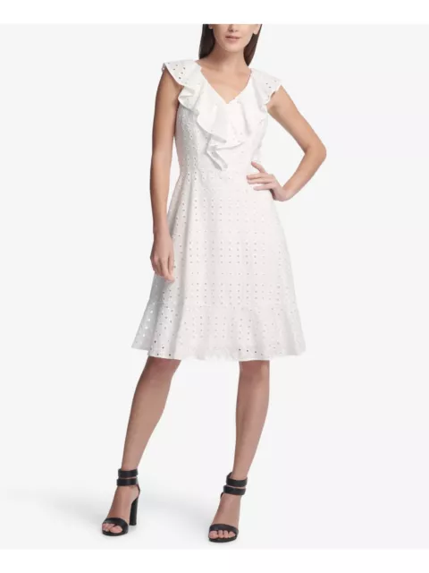 DKNY Womens White Eyelet V Neck Knee Length Fit + Flare Cocktail Dress Size: 10