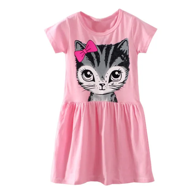 Pretty Girls Kids Cute Summer Dress Cotton Short Sleeve Cat Print Party KleiJY 8