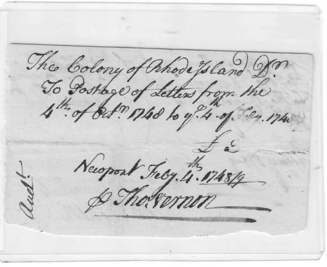 Colonial RI Gov. Greene, Postmaster Thomas Vernon Sign Early Postal Document