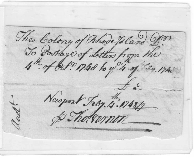 Colonial RI Gov. Greene, Postmaster Thomas Vernon Sign Early Postal Document Colonial RI Gov. Greene, Postmaster Thomas Vernon Sign Early Postal Document