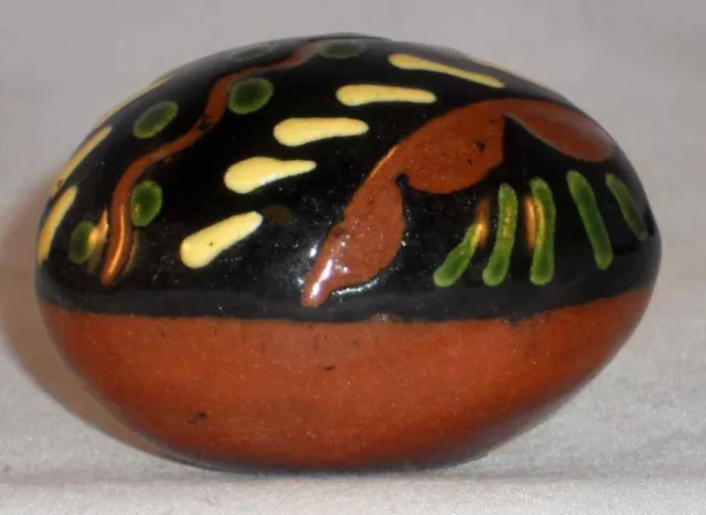 2001 Breininger SMALL Moravian Style Redware Egg White Brown Green Decoration