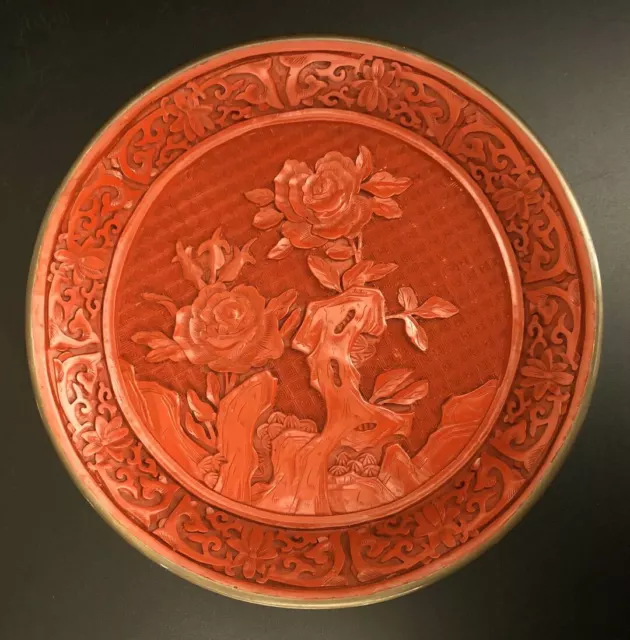 Chinese Hand Carved Red Lacquer Cinnabar Round Plate 19th Century（清剔红圆盘）