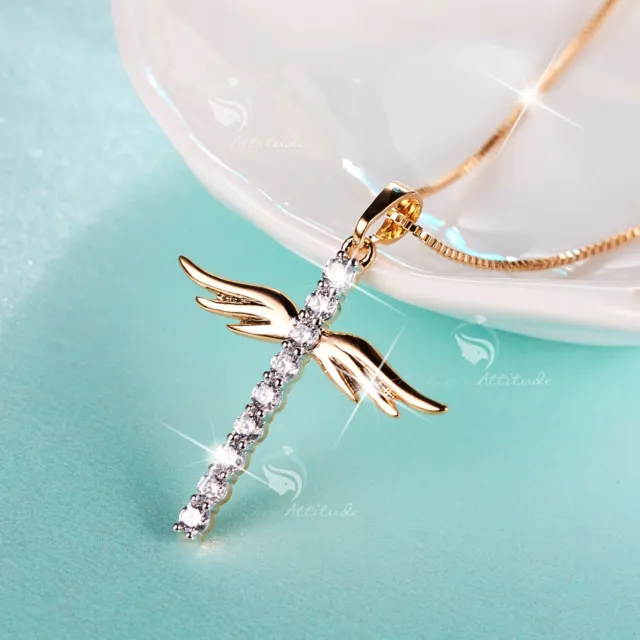 18K Yellow Gold Made With Swarovski Crystal Cross Angel Wings Pendant Necklace