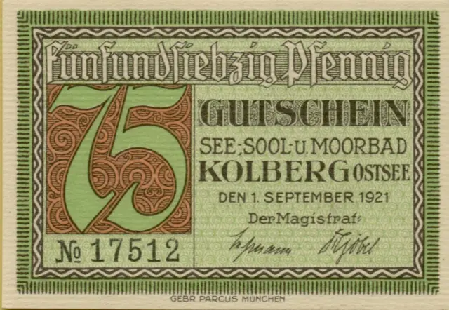 4739: Banknote Notgeld Gutschein 75 Pfennig Kolberg Ostsee Pommern 1921