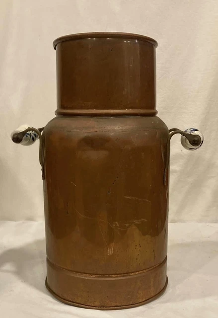 Vintage Brass and Copper Milk Can w/Ceramic Blue/White Delft Ceramic Handles 16"