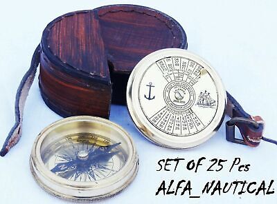Nautical Brass Compass Calendar Compass W/ Leather Box  Lot Of 25 Piece Designer