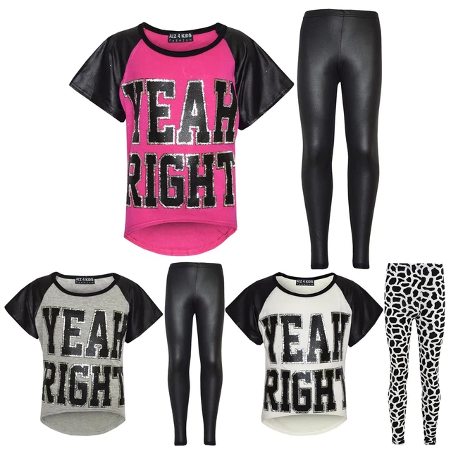 Girls Top Kids Yeah Right Trendy T Shirt Top & Fashion Legging Set Age 7-13 Year