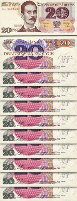 Poland 20 Zloty, 1982, UNC, 10 Pcs LOT, P-149b, Romuald Traugutd