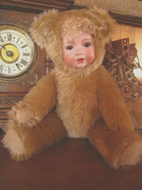 OOAK Vntg Artist Porcelain Hilda Doll 2 Face Mohair Teddy Bear 9" JointedREDUCED