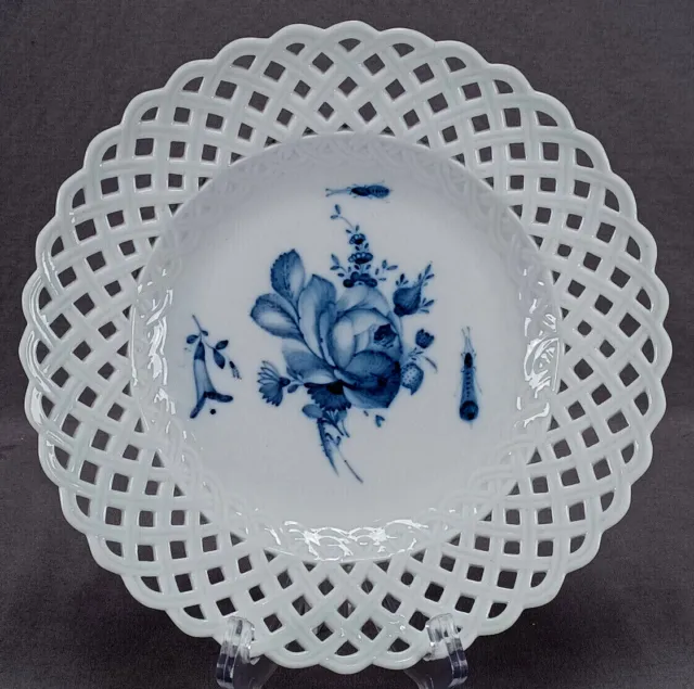 Meissen Hand Painted Blue Rose & Insects Reticulated Plate Circa 1774-1817 A