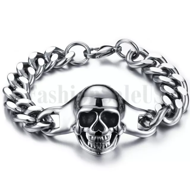 Punk Rock Polished Stainless Steel Gothic Skull Bracelet Men's Cuban Curb Chain