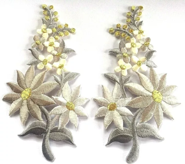 FLOWER PATCH X 2; Silver Grey/Gold matching pair; SEW-ON/IRON-ON *embroidered*