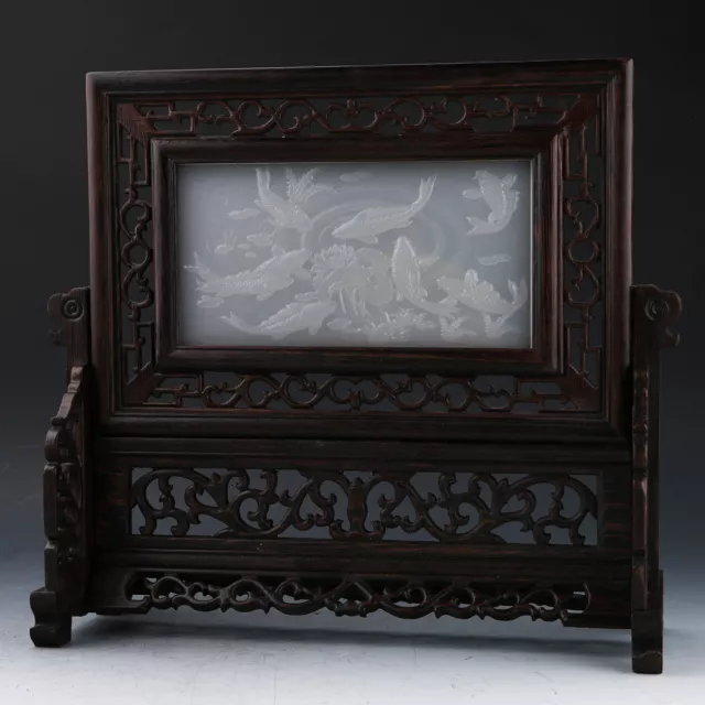 Asian Old Chinese Wood Inlay Afghanistan Jade Hand Carved Fish & Lotus Screen
