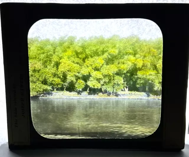 Antique Vintage Colorized Glass Magic Lantern Slide Shore Line Lake River Trees