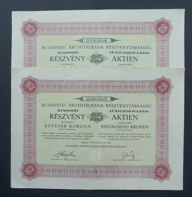Hungary - Budapesti Aruhitelbank - 1923 - 25 shares  2x
