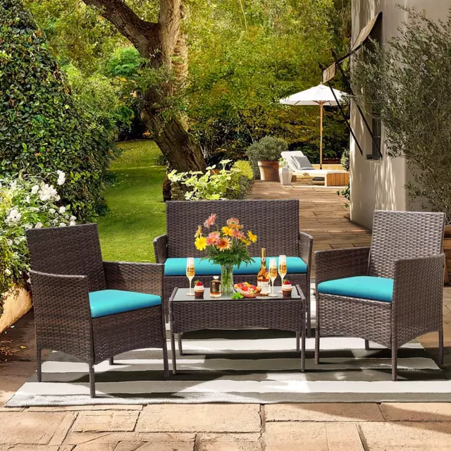 4 Piece Outdoor Patio Furniture PE Rattan Wicker Table Chairs Set Cushions