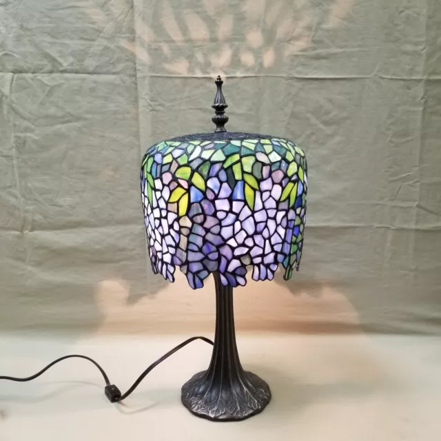 Vintage Blue Wisteria Tiffany Style Lamp Stained Glass Bronze Trunk WORKS!