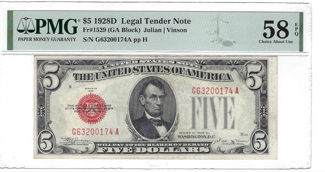 1928-D $5 Legal Fr. 1529 Vinson GA Block PMG 58 EPQ s/n G 63200174 A