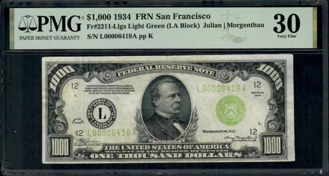 CC&C $1,000 1934 - SAN FRANCISCO Federal Reserve Note LGS LIGHT GREEN SEAL - 30