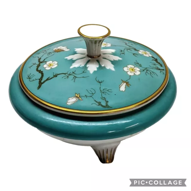 Vintage Teal & Gold Floral Powder Jar Vanity Decor Hertel Jacob Bavaria Germany