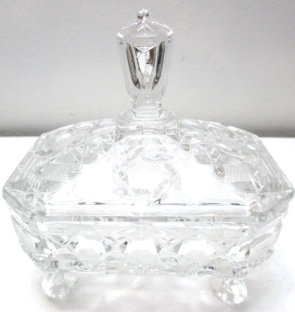 VINTAGE GLASS CANDY Dish w Lid Brilliant Cut Lead Crystal Lattice