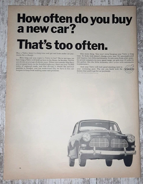 1965 Volvo Vintage Print Ad Automobile Sedan Economy Reliable Sweden Europe B&W