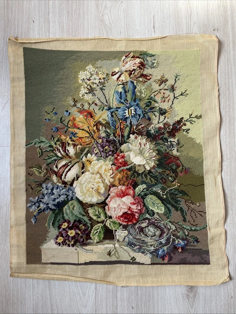 Ancienne Tapisserie Française – Housse De Chaise Fleurie, Broderie Au Point, 68x63cm