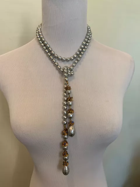 Sign Miriam Haskell Huge Silver Pearls Baroque Blue Stones Necklace Jewelry