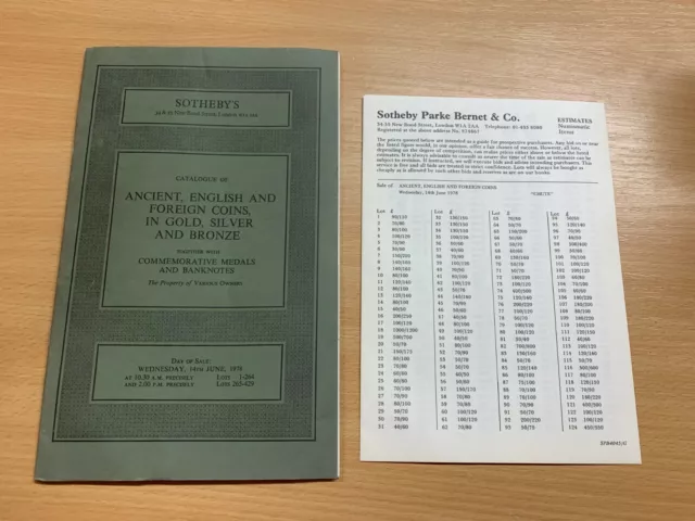 14 June 1978 Ancient English & Foreign Coins Sotheby Catalogue & Price List (Ll)
