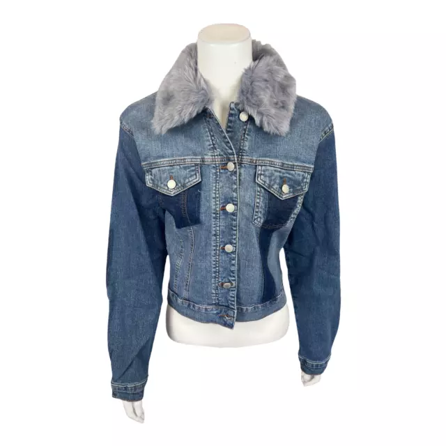 Buffalo David Bitton Faux-Fur Patchwork Denim Jacket Blue Medium Size