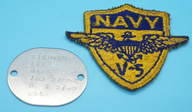WWII 1945 Naval Aviator Pilot Dog Tag T 5/45 & V-5 Training No Glow Patch Lot