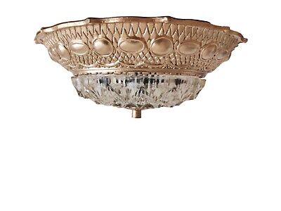 Large Art nouveau 1930s ornate gold brass crystal glass flush mount ceiling lamp