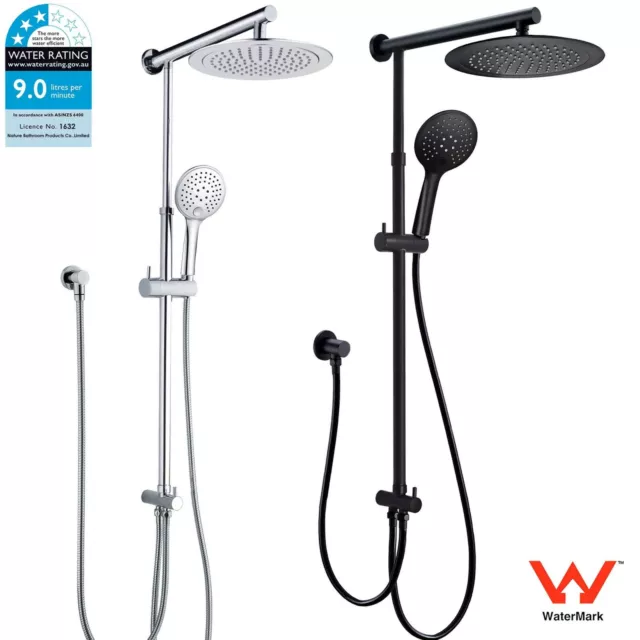 WELS Round 9" Rain Head Twin Shower Handheld Sliding Rail Arm Set Chrome/Black