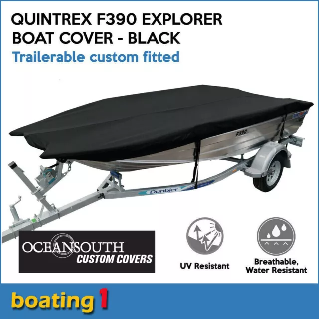 Oceansouth Custom Fit Trailerable Boat Cover for Quintrex F390 Explorer - Black